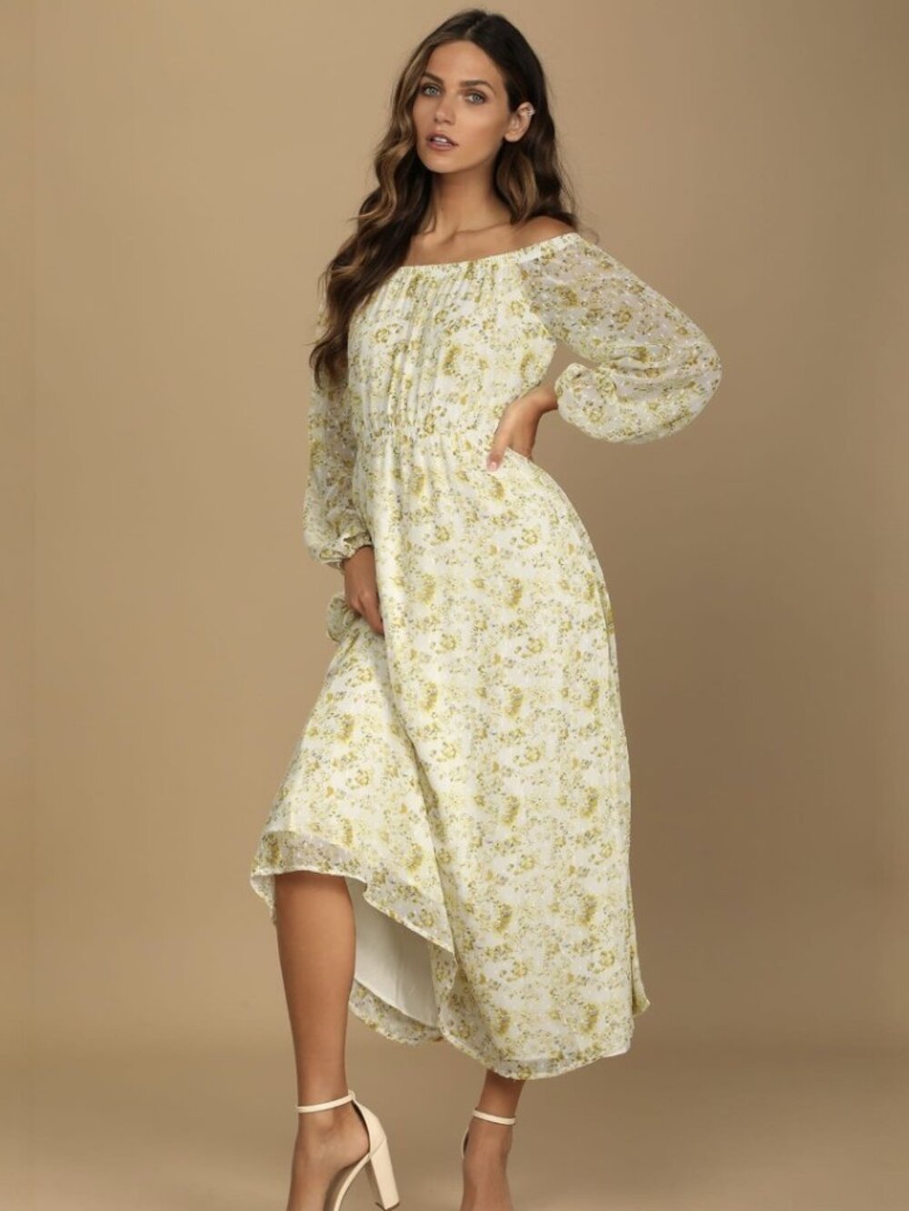 Lulus Love That Blooms Yellow Floral Print Off-the-Shoulder Maxi Dress NWT